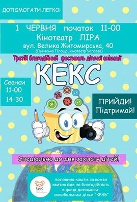 Благодійний фестиваль дитячої анімації "Кекс" у кінотеатрі "Ліра" Благодійний фестиваль дитячої анімації "Кекс" у кінотеатрі "Ліра"